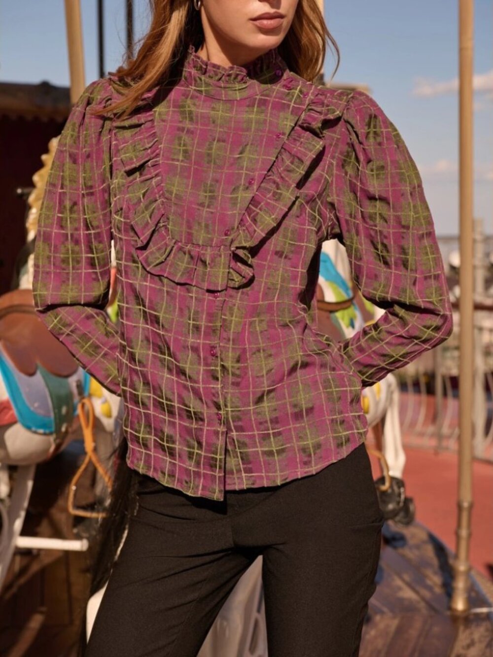 Hot Pink & Kelly Green Plaid Ruffle Trim Blouse with Puff Sleeves